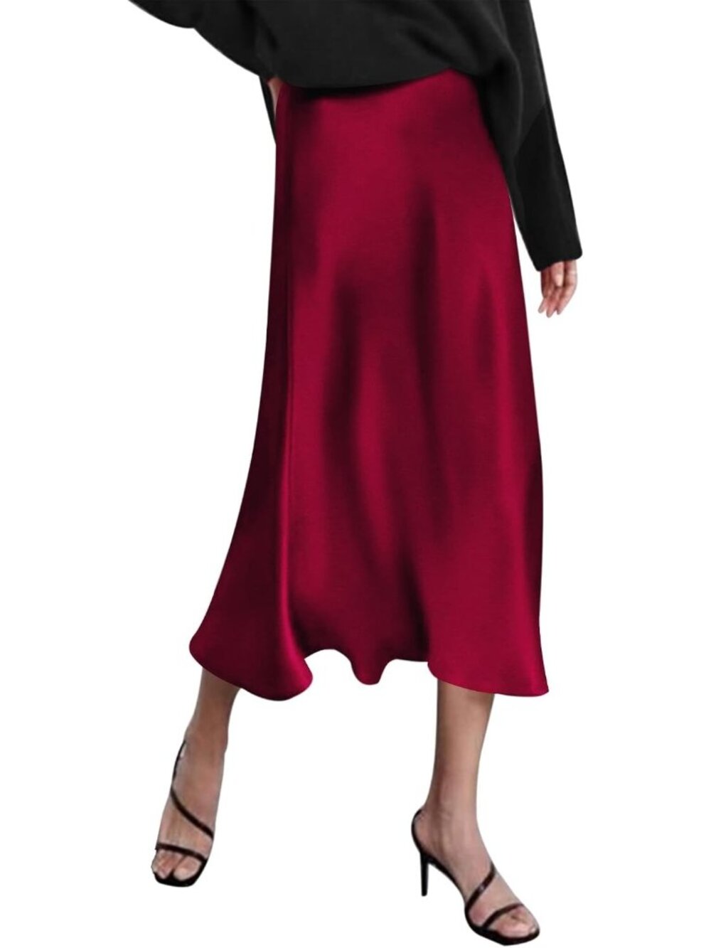 Women Red High Waisted Solid Satin Dress Zipper Silky Slip A-Line Midi Skirt